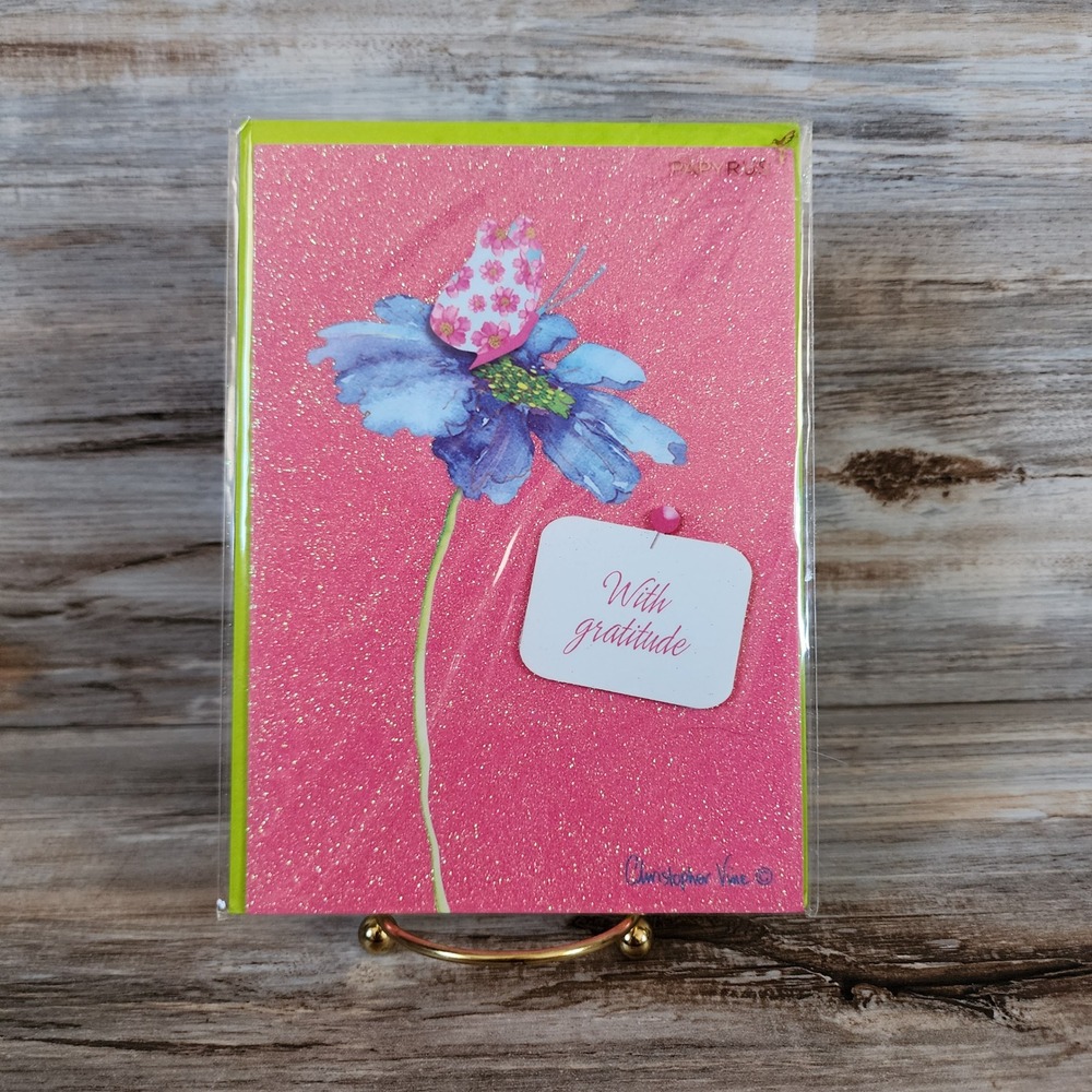 Papyrus Christopher‎ Vine Thank You Card Pink Glitter Blue Flower Butterfly NEW